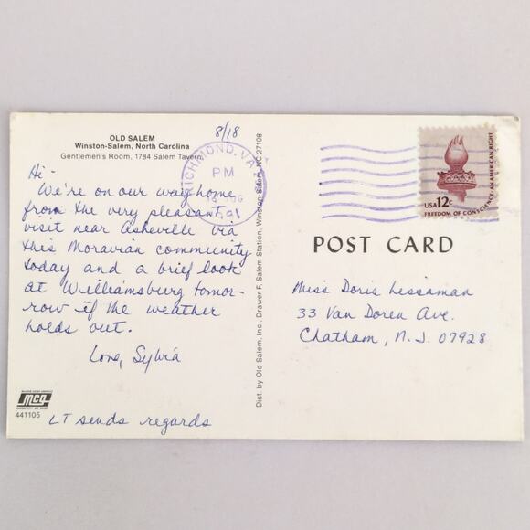 Vintage Postcard 1981 Old Salem 1784 Tavern Gentleman's Room Wiston-Salem NC - Picture 2 of 2